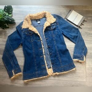 Vintage Y2k SF415 Blue Denim Jacket w Faux Shearling Trim. Size XL